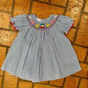 Petit Bebe - Girls Blue Check Smocked Animals Dress - Size 9M